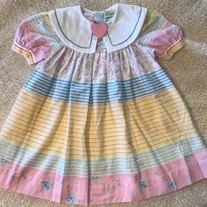 Rare Edition striped pastel dress with white collar, blue detail, pink heart pin